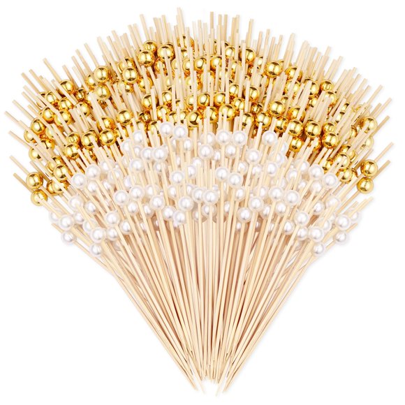 600 Pcs Cocktail Picks skewers for appetizers 4.7” Fancy Toothpicks Bamboo Skewers Wood Drinks Gold White Ball Food Cocktail Sticks for Drinks, Fru