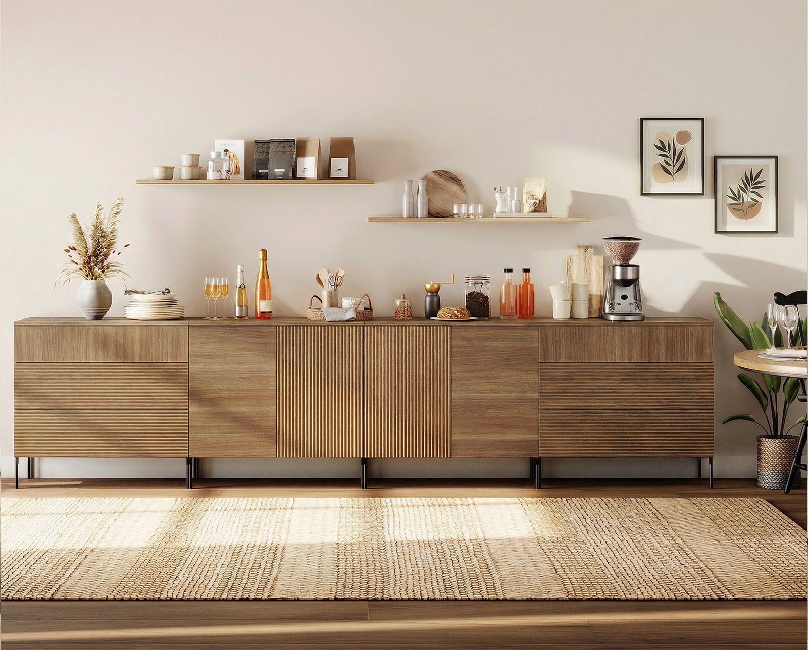 126" Modern Reeded 4-Door Sideboard with Drawers, 4-In-1 Wooden Credenza Storage Cabinet for Kitchen, Dining Room