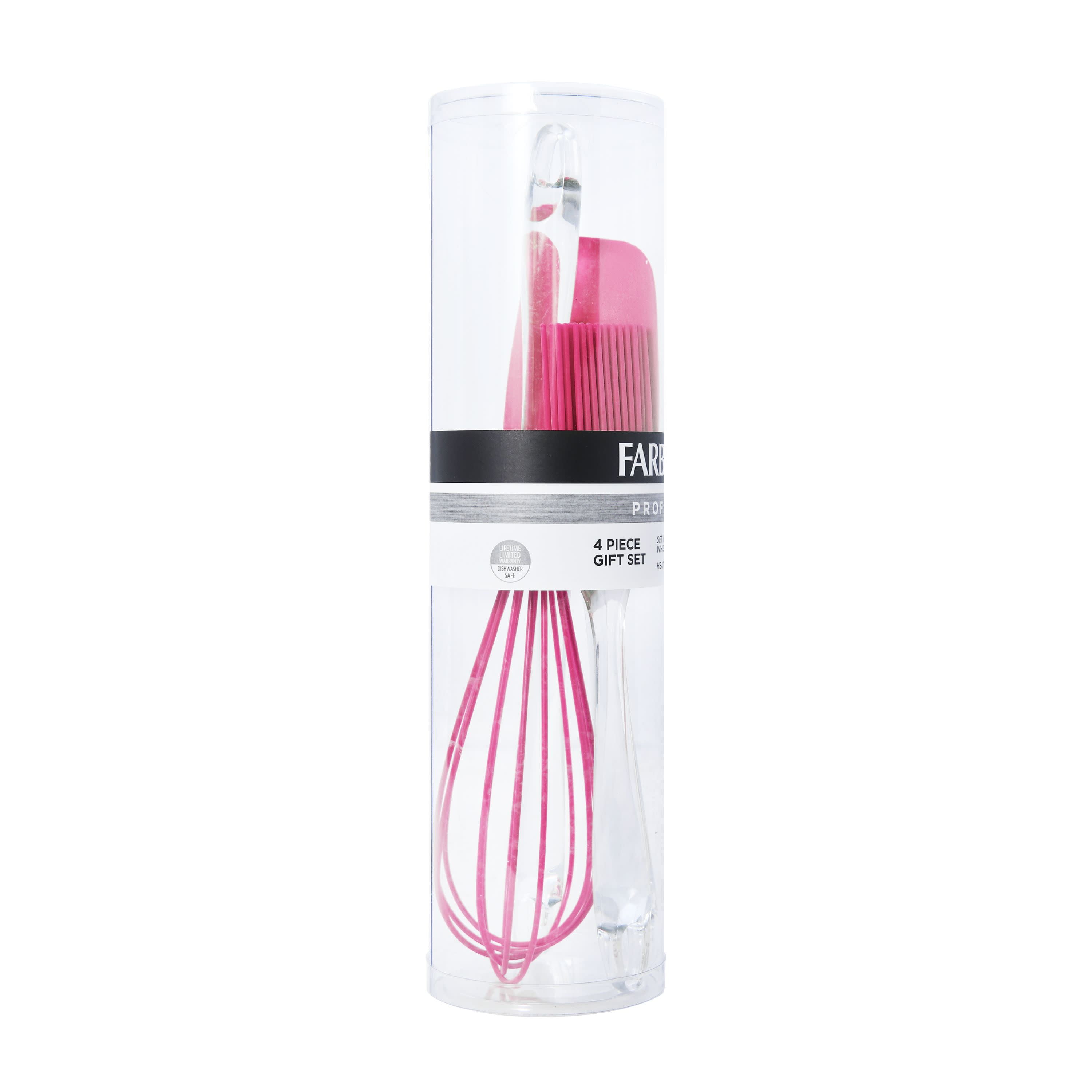 Farberware 4-piece Whisk, Spatula, Spoon Spatula and Basting Brush Plastic/Silicone Utensil Set in Gift Tube, Pink
