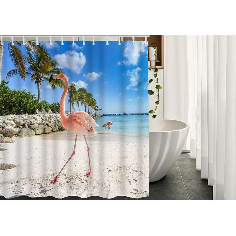 JOOCAR Pink and Green Starfish Fabric Shower Curtain with Hooks