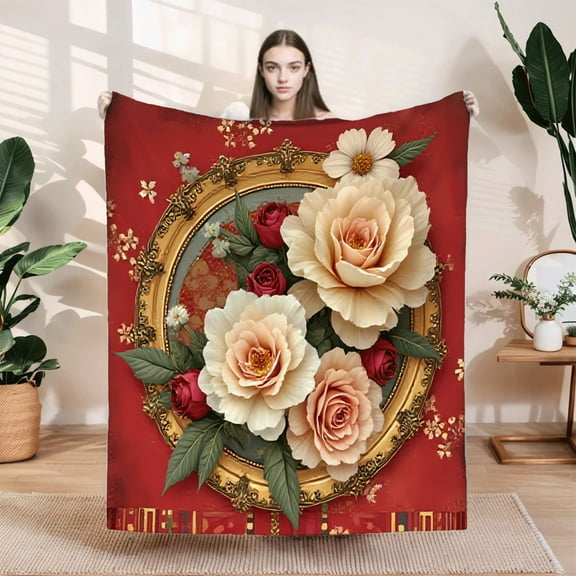 Elegant Floral Design Flannel Blanket - Soft Cozy and Warm for Sofa Travel Bed and Chair - Perfect for Home Decor