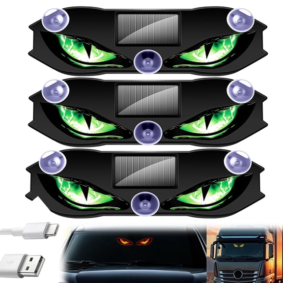 Devil Led Eyes for Car Windshield,Solar Demon Eye Led Car Window Light with Suction Cup,Solar & Usb Rechargeable,Waterproof Car Animated Warning Decorations for Suv Truck (Green)
