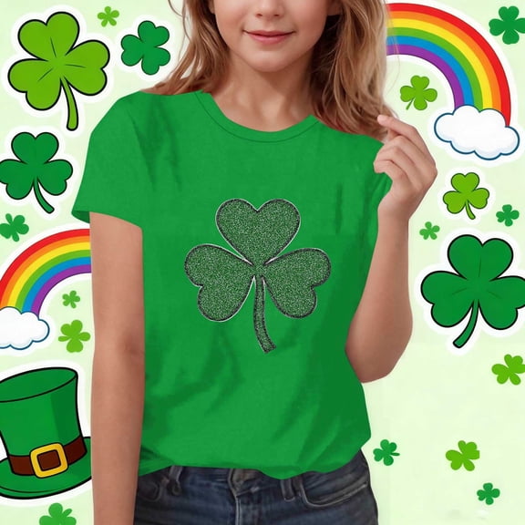 Kids St Patricks Day Shirt for Girls Glitter Shamrock Tshirt Short Sleeve Green Holiday Top,Size 9-10T