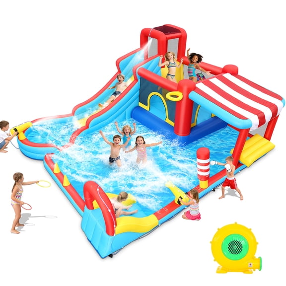 Veeboto Inflatable Water Slide with Dual Slides, Bounce House with Climbing Wall, Dual Ball Pools, Water Guns, Basketball Hoop and Punching Game, Indoor/Outdoor Kids Inflatable Castle with Blower