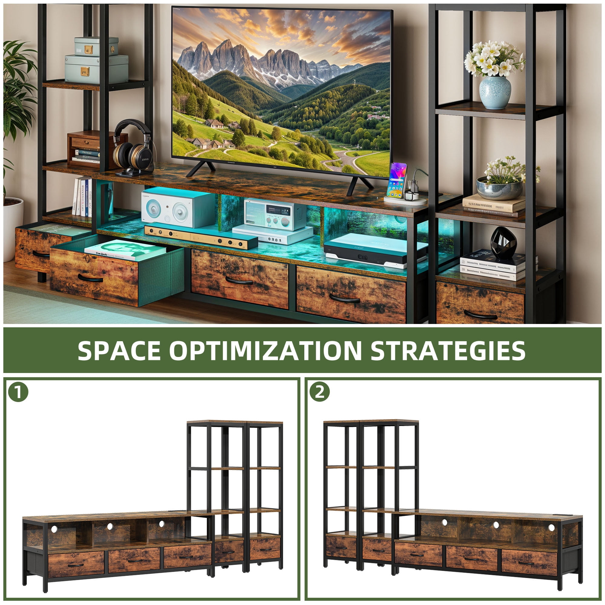 Uforic Modern Rustic Wood Metal Frame TV Stand with Remote Control LED Lights, USB Ports, Multi-Layer Storage Shelves & Fabric Drawers for Home Living Room, Rustic Brown