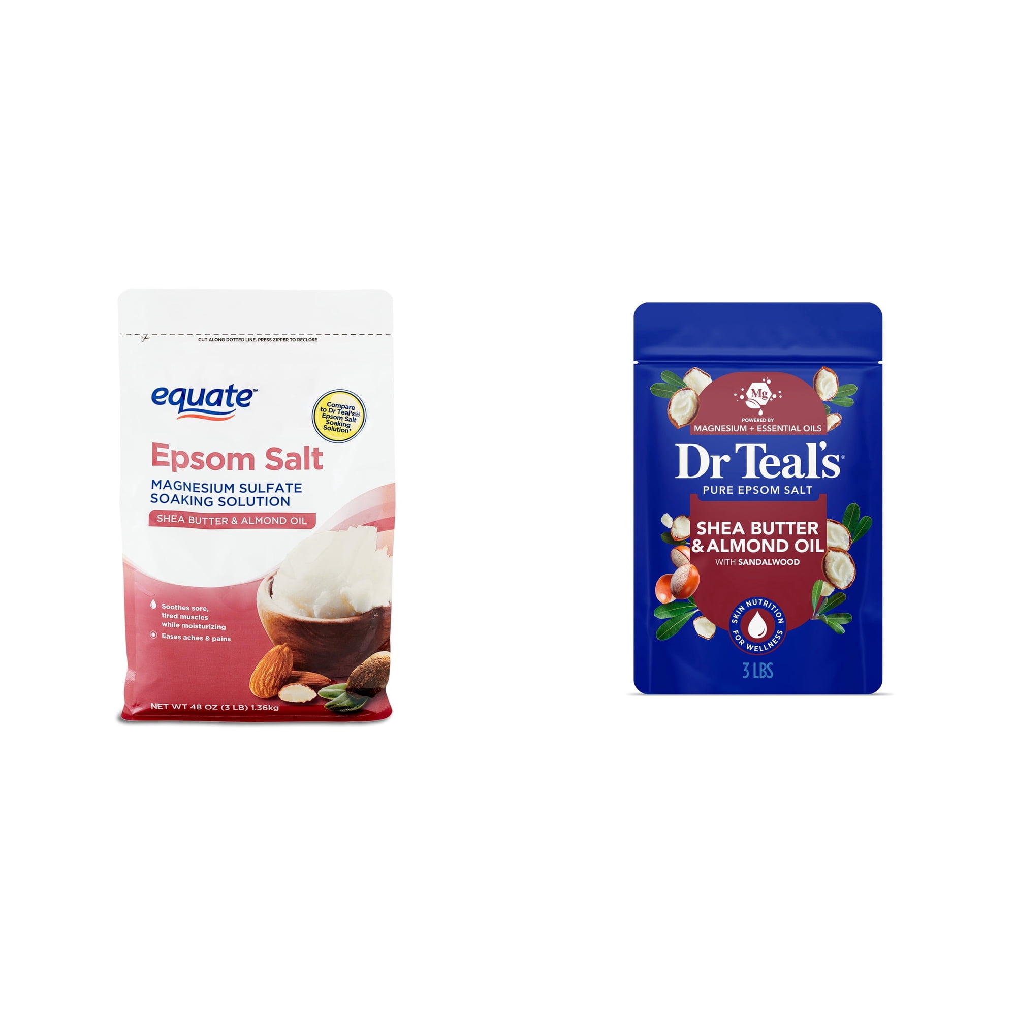 Equate Epsom Salt Soaking Solution with Shea Butter and Almond Oil, 3 lbs & Dr Teal's Epsom Salt Magnesium Soak, with Shea Butter & Almond Oil, 3 lbs Bundle