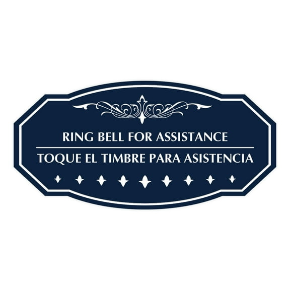 Signs ByLITA Victorian Ring Bell for Assistance/Toque el Timbre para asistencia Bilingual Sign (Navy Blue / White) - Large