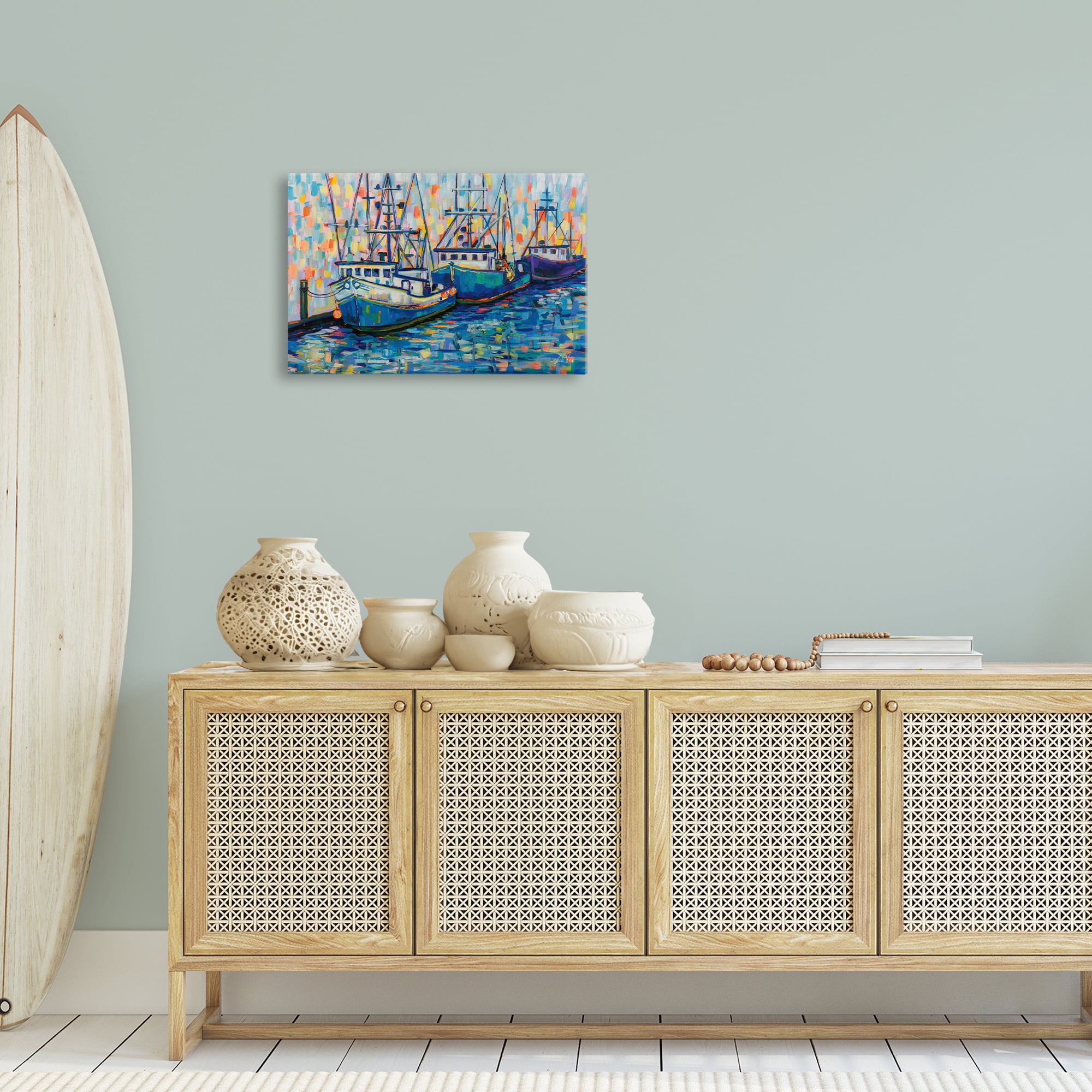 Stupell Industries Vivid Boats in Harbor Transportation Painting Gallery Wrapped Canvas Art Print Wall Art, 24 x 16