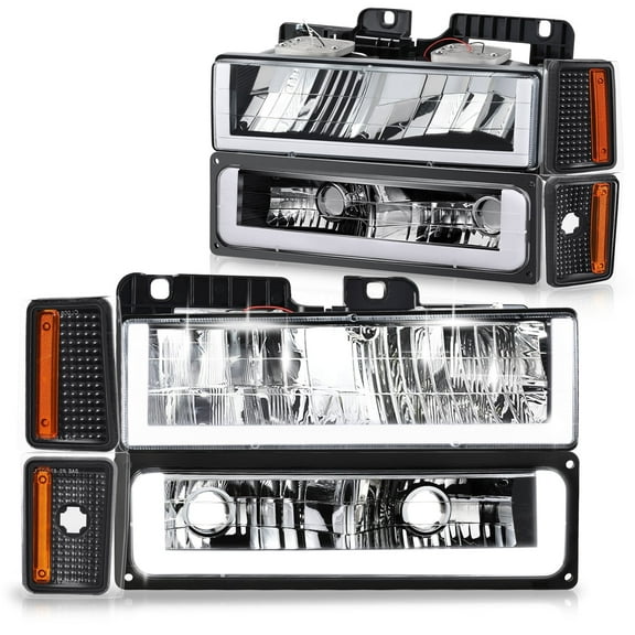 DNA Motoring U-LED Bar DRL Headlights for 88-93 Chevy C/K Pickup Suburban, Black/Amber