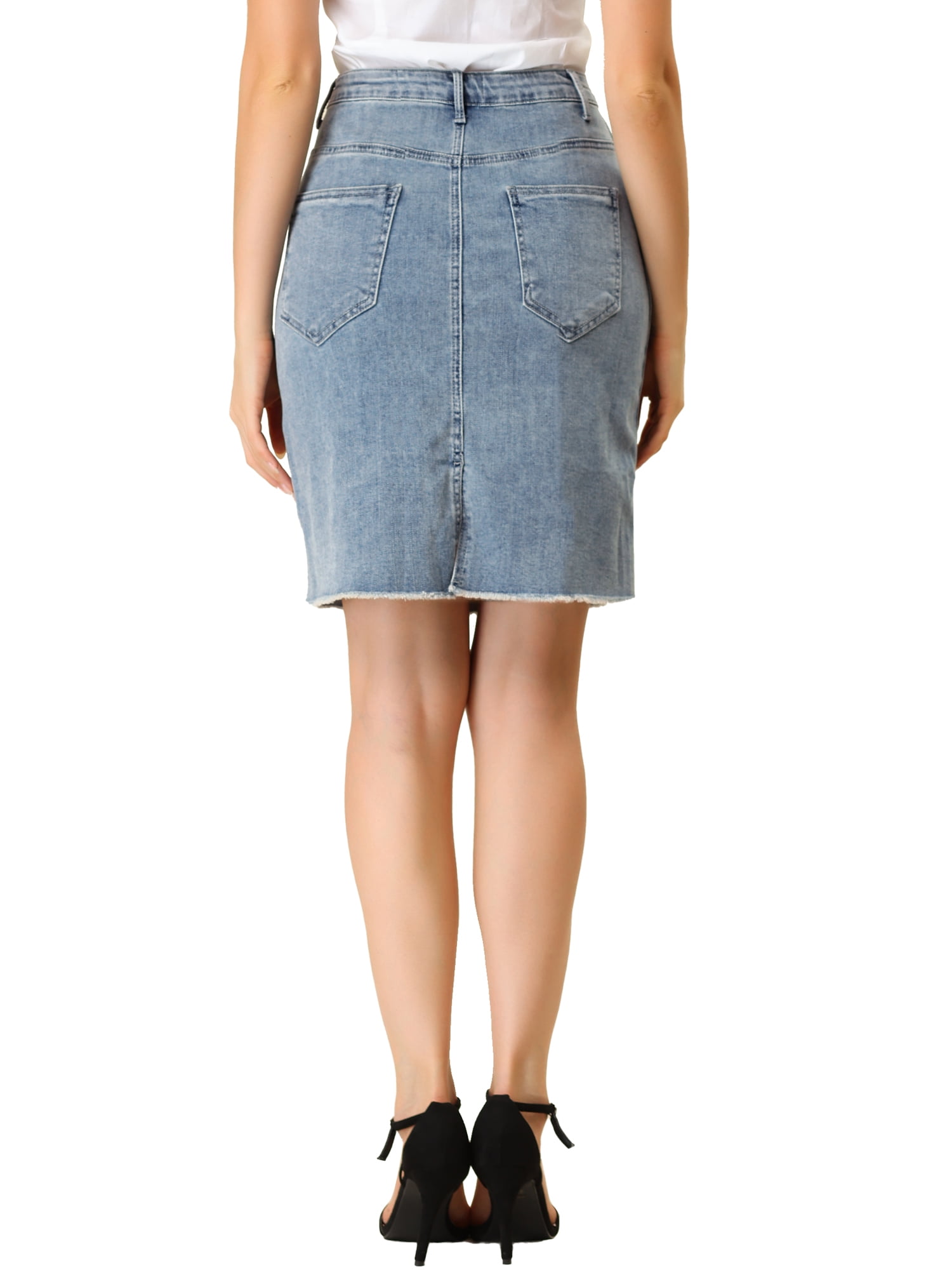 DARING DIVA Women's Ripped Hem Washed Jeans Denim Skirt L Blue