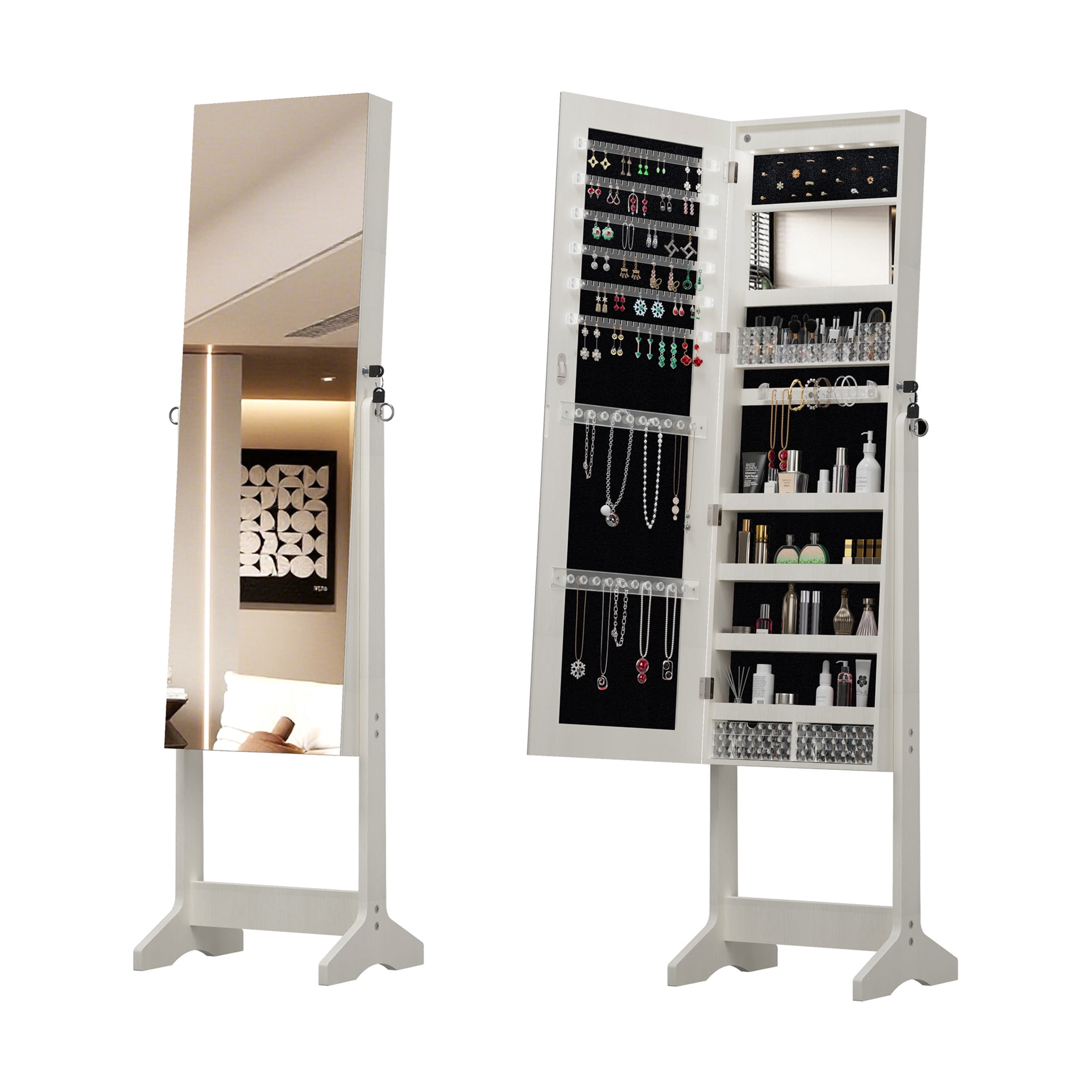 Noble House Standing Jewelry Armoire with Full Length Mirror, Lockable Lighted Organizer with Storage, White