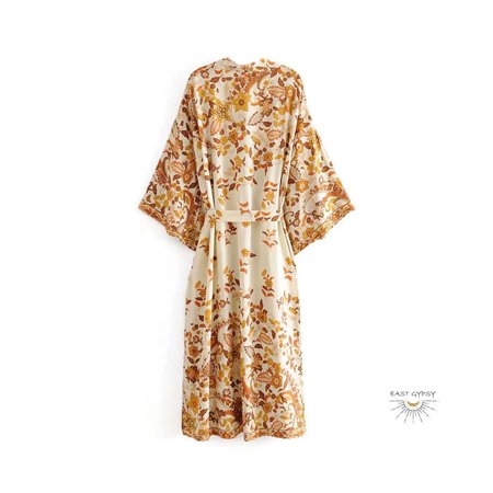 

Sepia Brown Floral Print Boho Kimono Robe