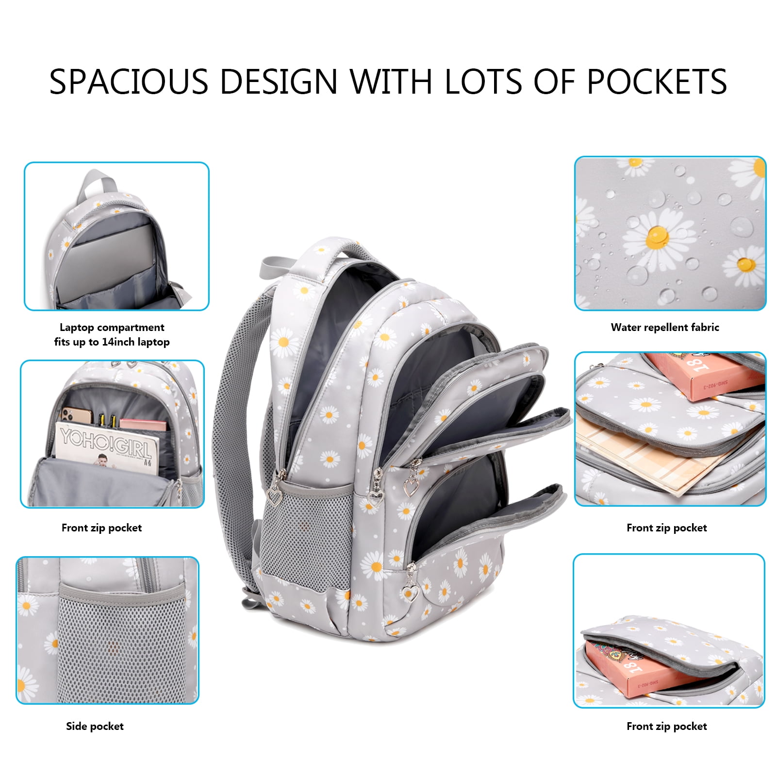 Forestfish 3-Piece Backpack Set for School,Large Capacity Teen Backpack with Insulated Lunch Bag & Pencil Case,Waterproof with Laptop Compartment & Side Pocket(Daisy A/Gray)