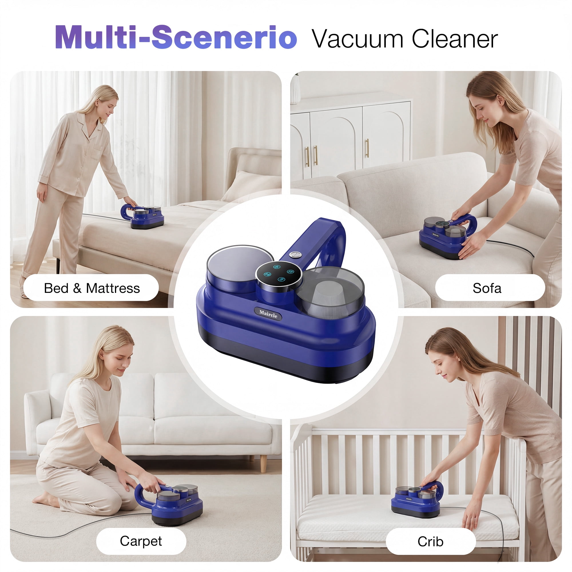 Maircle Mattress Vacuum Cleaner, Corded Bed Vacuum with 253.7nm UV-C Light, Ultrasonic & High Heating 16Kpa Powerful Double-Cup Handheld Vacuum for Bed, Sofa, Couch