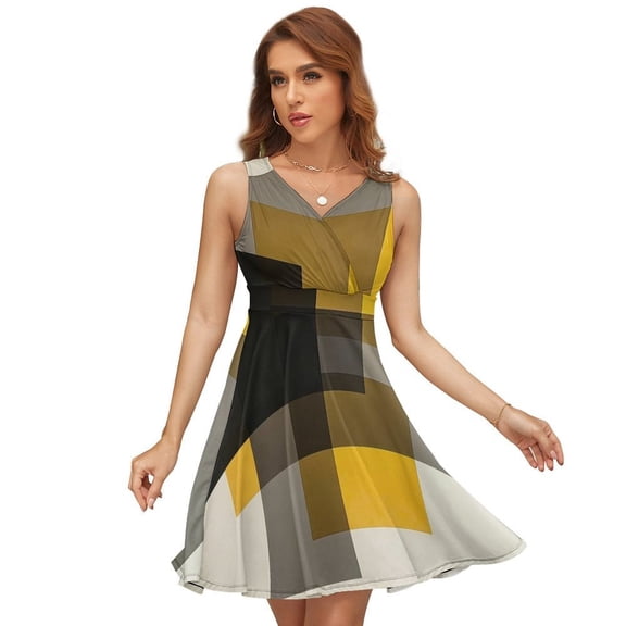 Beige And Black And Yellow Squares Sleeveless Dress Women Summer Evening Dresses Ladies Sundress