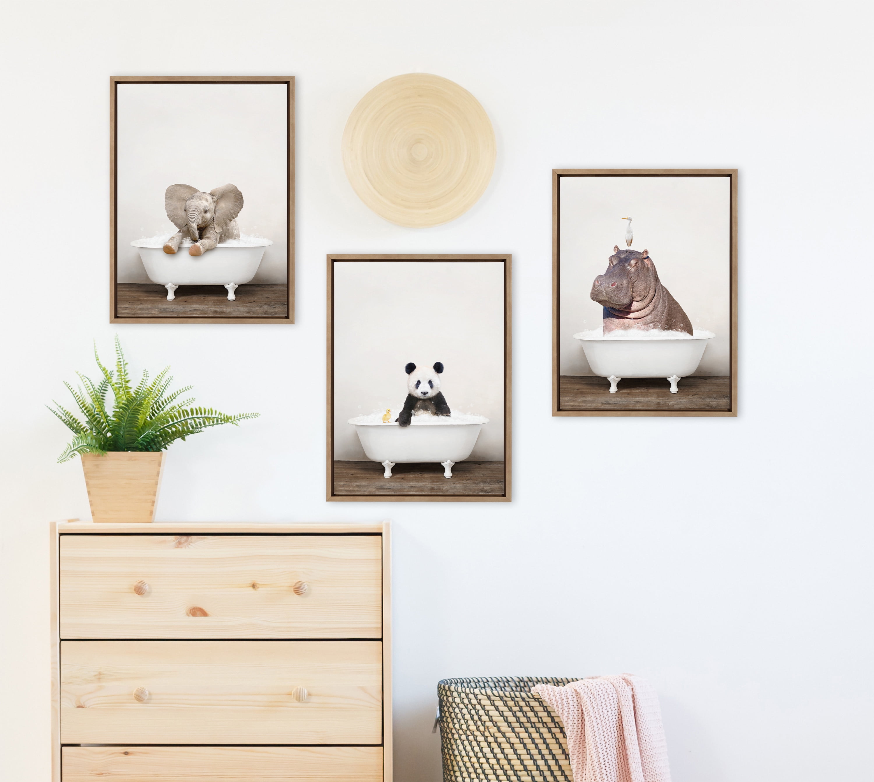 Kate and Laurel Sylvie Baby Elephant No 6 in Rustic Bath Framed Canvas Wall Art by Amy Peterson Art Studio, 18x24 Gold, Modern Fun Decorative Bathtub Wall Art for Home Décor
