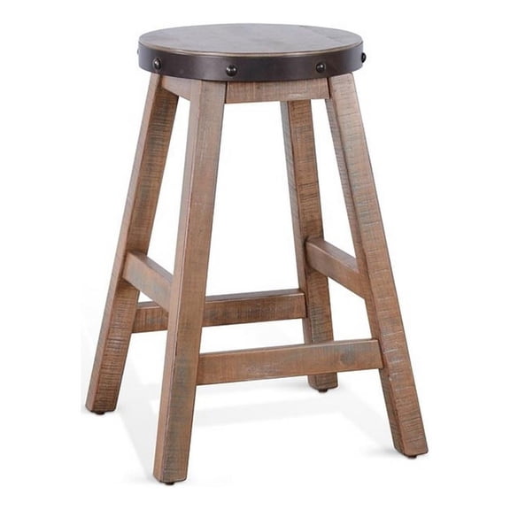 Ayka Round Counter Stool- Metal Band- Splayed Legs- Brown Mahogany