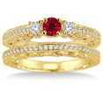 thumbnail image 2 of Extraordinary Fantastic Mind Blowing Moissanite Diamond 2.25 Carat Round Cut Red Ruby Antique Milgrain Bridal Set on 10k Yellow Gold, 2 of 3