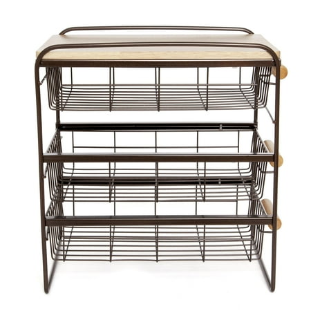 Origami Wood Top Steel Kitchen Organizer 3 Mesh Basket Sliding Drawer, Brown