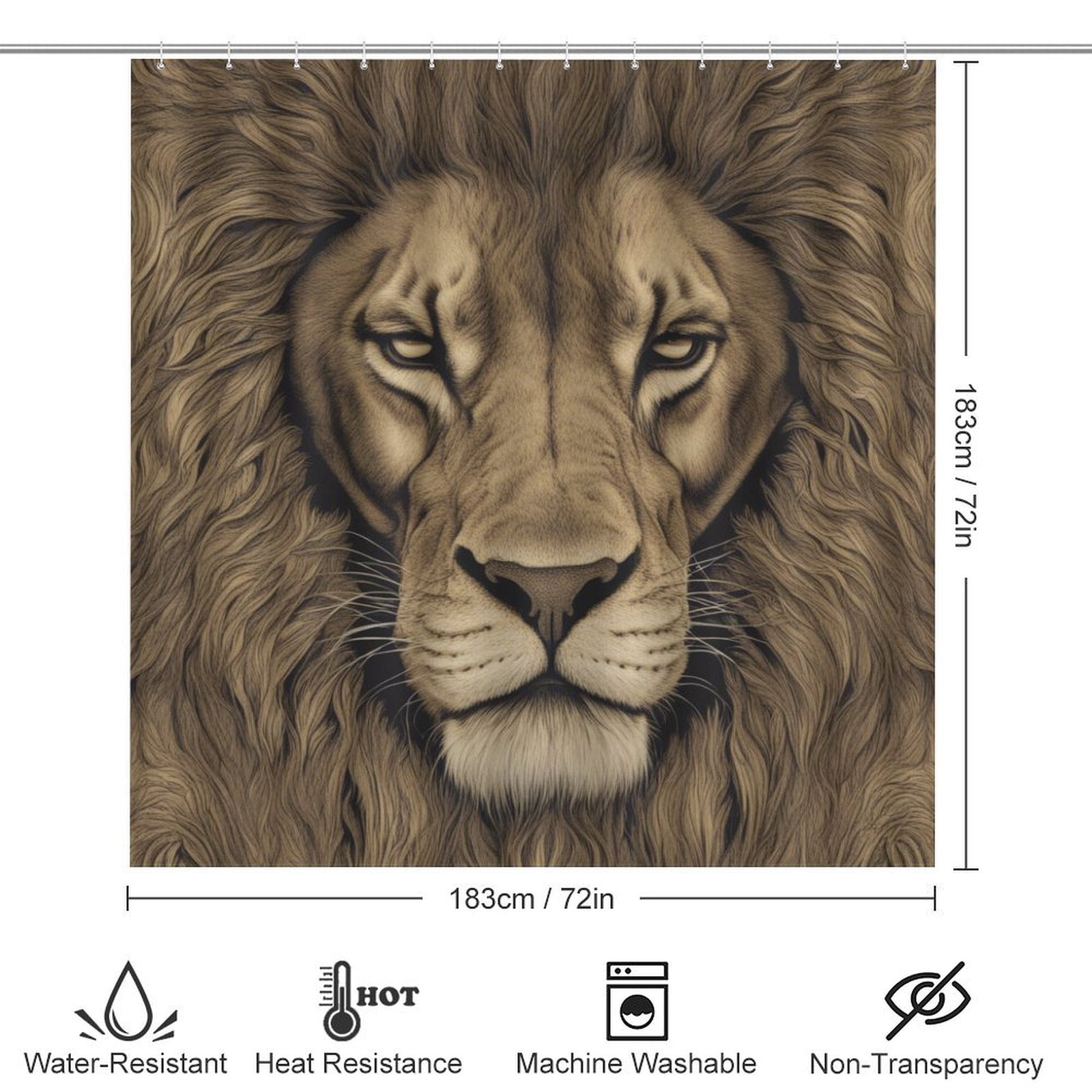 Lion Fur Pattern 4 Pcs Bathroom Shower Curtain Set, Bathroom Sets with Rugs (Bath Mat, U Shape and Toilet Lid Cover Mat) and 12 Hooks,
