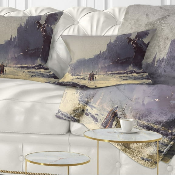 Designart Dark Fantasy Castle - Landscape Painting Throw Pillow - 12x20