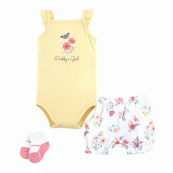 Hudson Baby Infant Girl Bodysuit, Short and Sock, Butterfly Floral Daddy, 0-3 Months