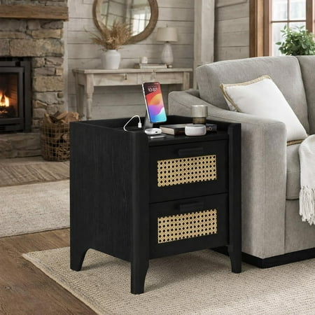 C Shaped End Table, Bed Side Table, 3-Tier Side Table with Metal Frame, Wood End Table with Storage for Living Room, Couch, Sofa, Bedroom, Easy Assembly, 23.6