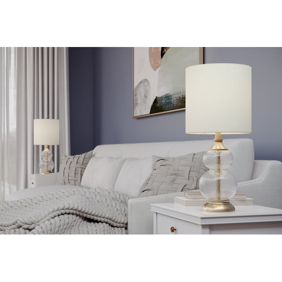 21" Clear Wrinkle Glass Accent Lamp w/ Antique Soft Brass Accents & Off-White Linen Shade (Set of 2)