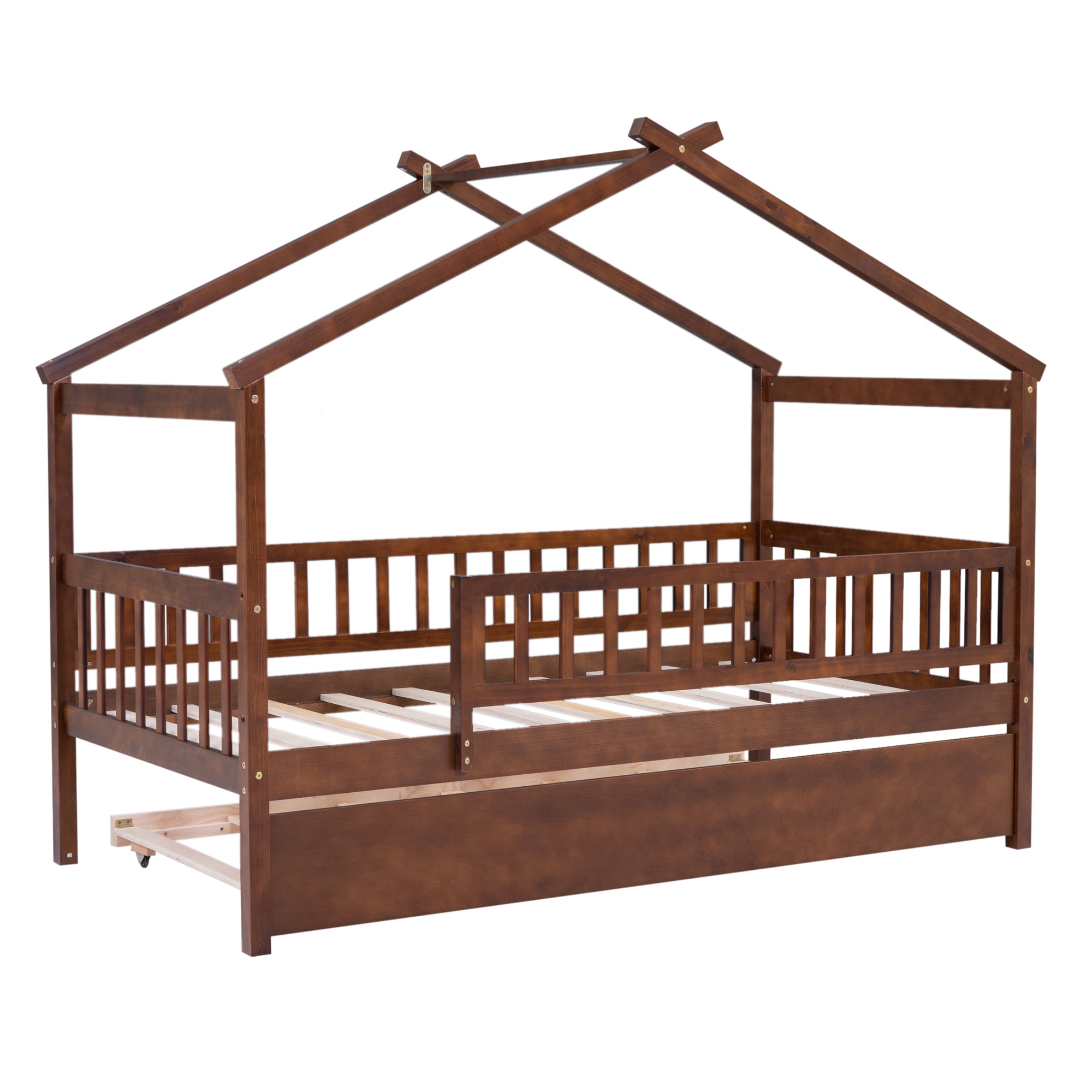 Gewnee Pine Wood Twin Size House Bed with Trundle and Roof for Kids,Walnut