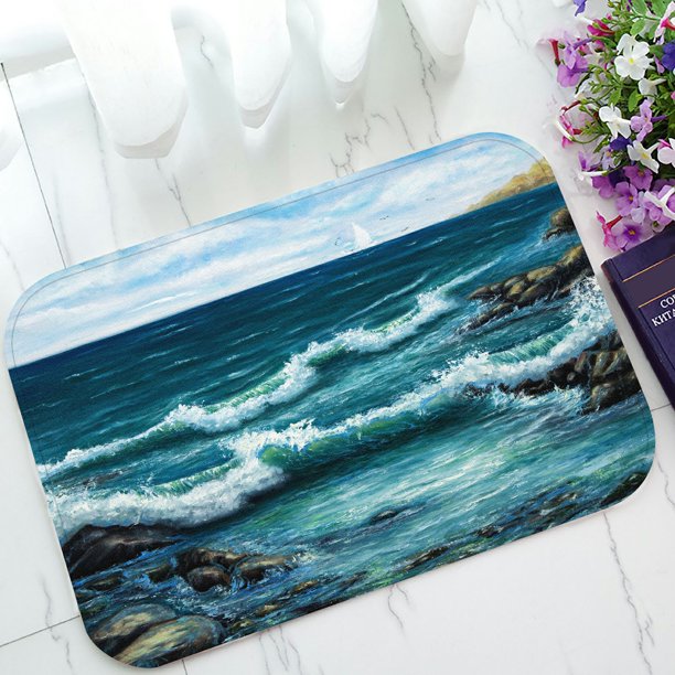 PHFZK Ocean Doormat, Oil Painting Sea Wave and Ship Boat Doormat