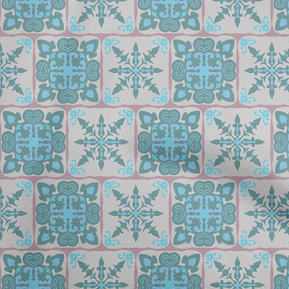 oneOone Polyester Spandex Teal Blue Fabric Asian Tile Traditional Diy Clothing Quilting Fabric Print Fabric By Yard 56 Inch Wide