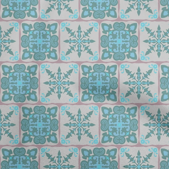 oneOone Polyester Spandex Teal Blue Fabric Asian Tile Traditional Diy Clothing Quilting Fabric Print Fabric By Yard 56 Inch Wide