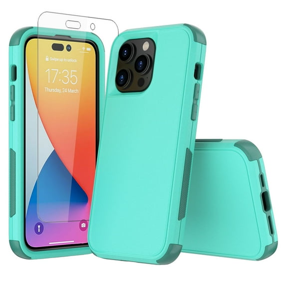 NIFFPD iPhone 14 Pro Case with Screen Protector, Heavy Duty Hard Shockproof Phone Case for iPhone 14 Pro 6.1" Teal+Light Green