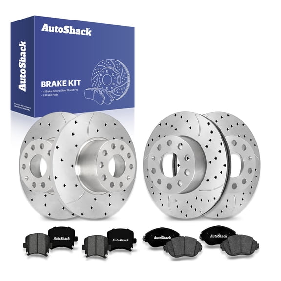 AutoShack Front Vented & Rear Solid Drilled & Slotted Silver Zinc Coated Brake Rotors   Premium Ceramic Pads 12-PC Brake Kit Replacement for 2017 Volkswagen GTI SilverShield Pro