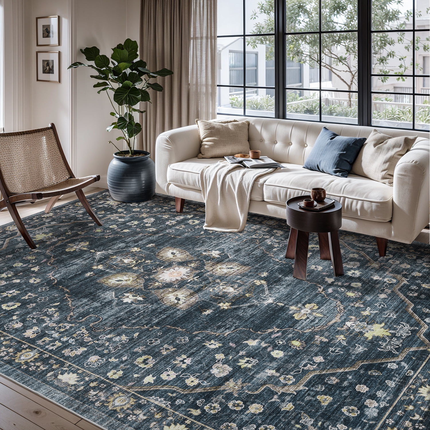 VUNATE 9'x12' Area Rugs for Living Room Washable Rugs Floral Vintage Area Rug Botanical Indoor Carpet Soft Rugs for Bedroom Office Dining Room Kitchen Accent Rug Contemporary Home Decor Navy