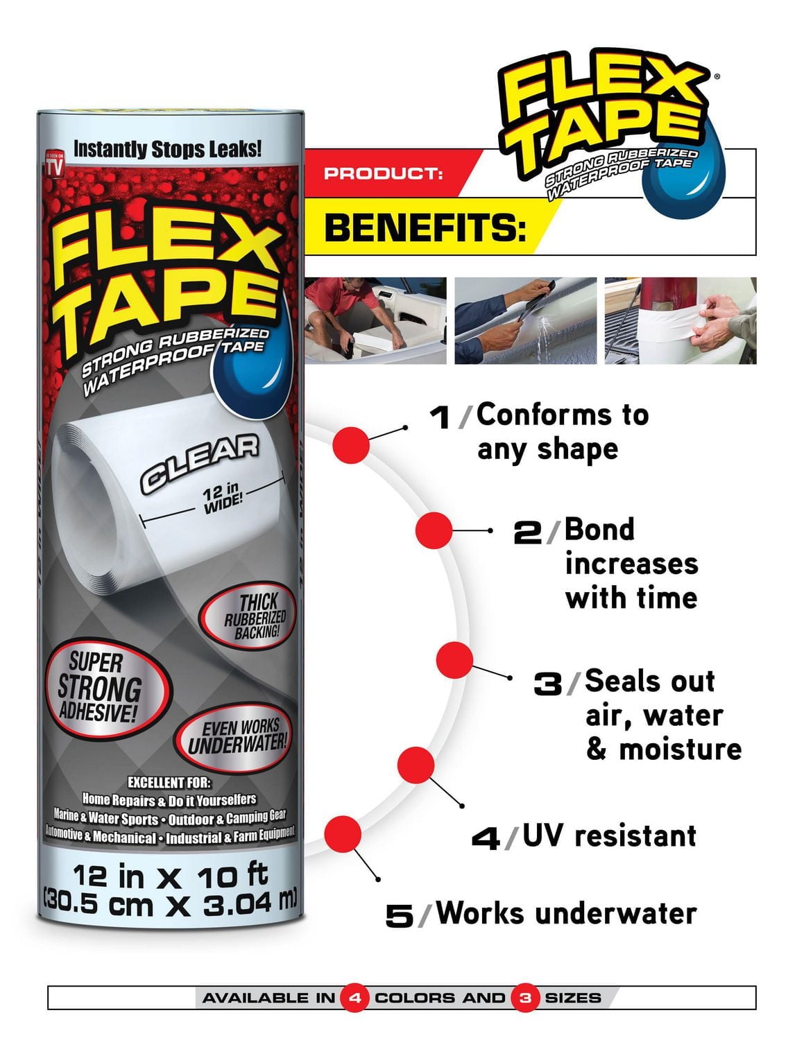 Flex Tape Clear 4"x 5', Rubberized waterproof tape.
