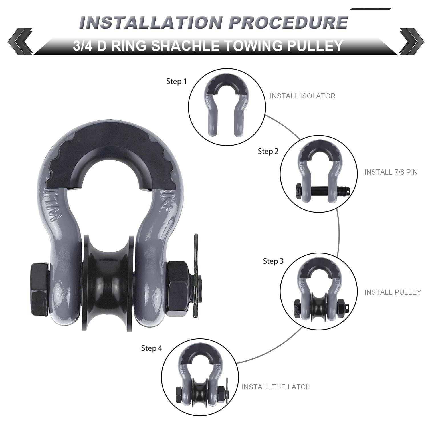 AMBULL Upgraded Snatch Block, 3/4" D Ring Shackle (2 Pack) 22,000lb Break Strength with Towing Pulley, Heavy Duty Offroad Recovery Accessory for Truck, Tractor, ATV & UTV - Gray