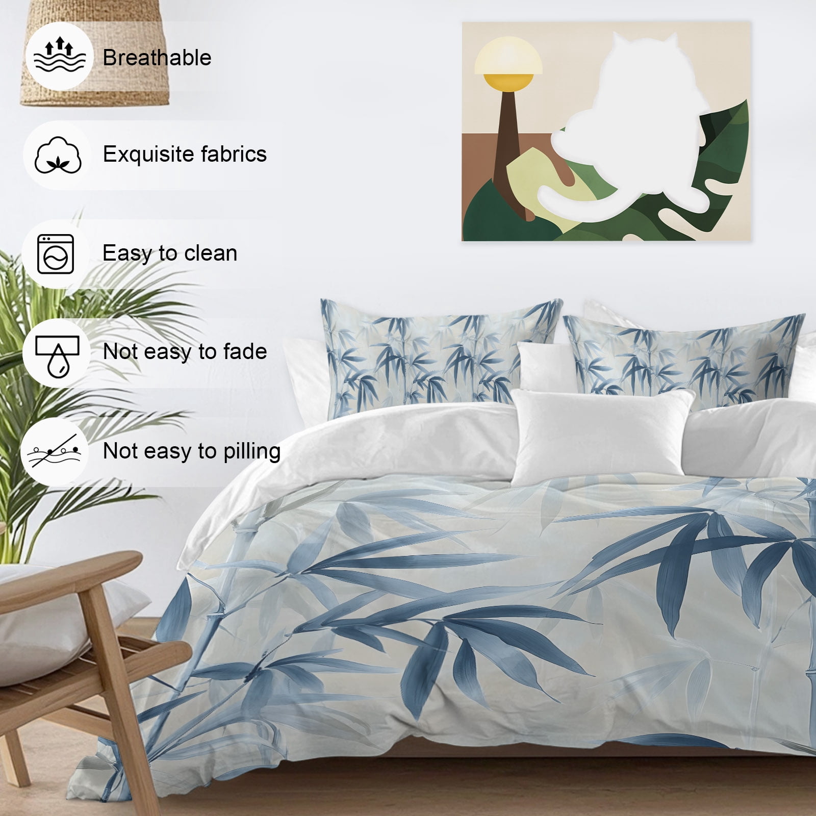 Bamboos Leaf Queen Duvet Cover Set, Blue Green Leaf Watercolor Modernism 4 Piece Microfiber Bedding Set with Zipper Closure, Bed Sheet and 2 Pillow Shams, Soft Bedding Cover