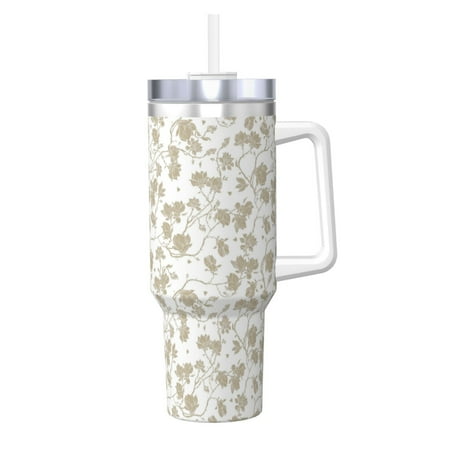 

Gaeub Vintage Stylized White Color Print Stainless Steel Hot/Cold Coffee Cup 40oz Ice Bully Cup With Handle And Straw Travel Coffee Cup