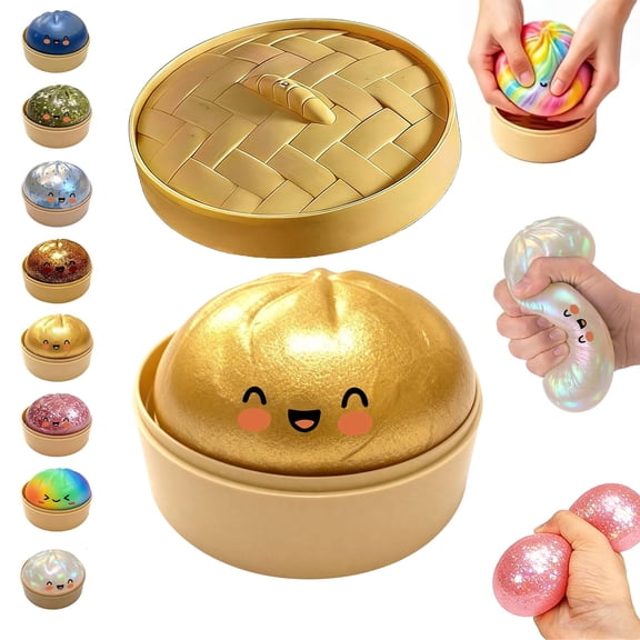 Stress Squeeze Balls, Glitter Squish Dumplings, Bun Squishies with Steamer Box, Hand-Pinching Sensory Toys, Stretchy Desk Toys Crazy Gifts for Fun