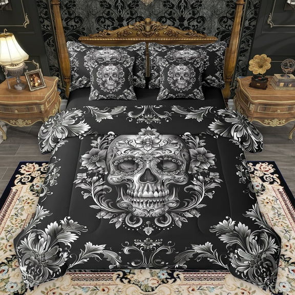 Homewish Spooky Gothic Skull 7-Piece Twin Bedding Sets,Retro Damask Flower Bedding Comforter Set,Gray Black Sheet Sets For Men Women,Microfiber Bedroom Decor Reversible