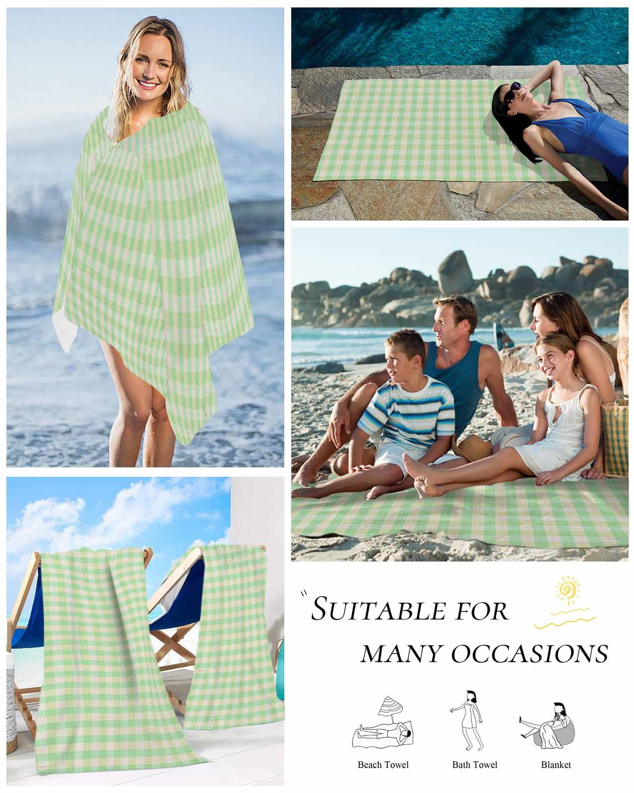 Sage Green Beach Towels Oversized Super Absorbent, Grid Checkered Plaid Gingham Lattice Trellis Lightweight Bath Towel Quick Dry Sets For Bathroom/Pool/Rv Camping/Beach Play/Gym Room/Picnic 23"x47"