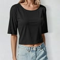 thumbnail image 2 of MIXUE Boho Tops For Women Summer Solid Color Round Neck Short Sleeve Slim Fit Casual Basic Tee Shirts Sportswear,Black,L, 2 of 4