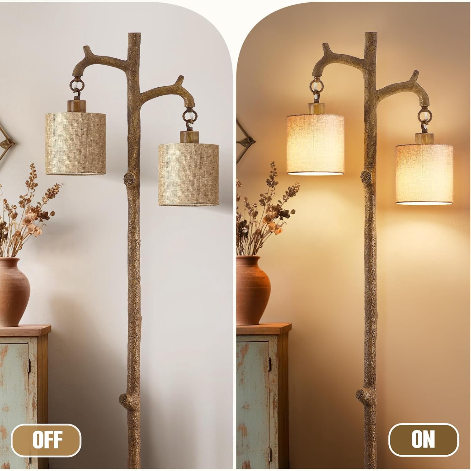 NATYSWAN Floor Lamp for Living Room - 69" Rustic Farmhouse Tree Trunk Tall Lamp - Brown Reading Light with Linen Shade Standing Lamps for Bedroom Office Home Decor