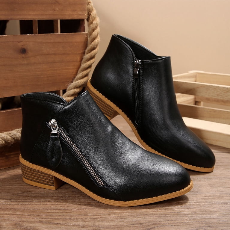 Black Womens Versatile Ankle Boots With Side Zipper Thick  display picture 2