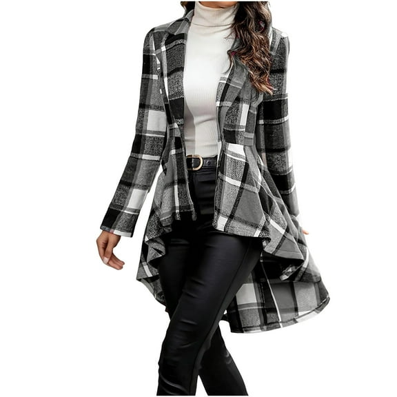 Hueook Flannel Jacket Women Fashion Women's Button V-Neck Plaid Tops Long Sleeve Blouse Coat Gray 2X