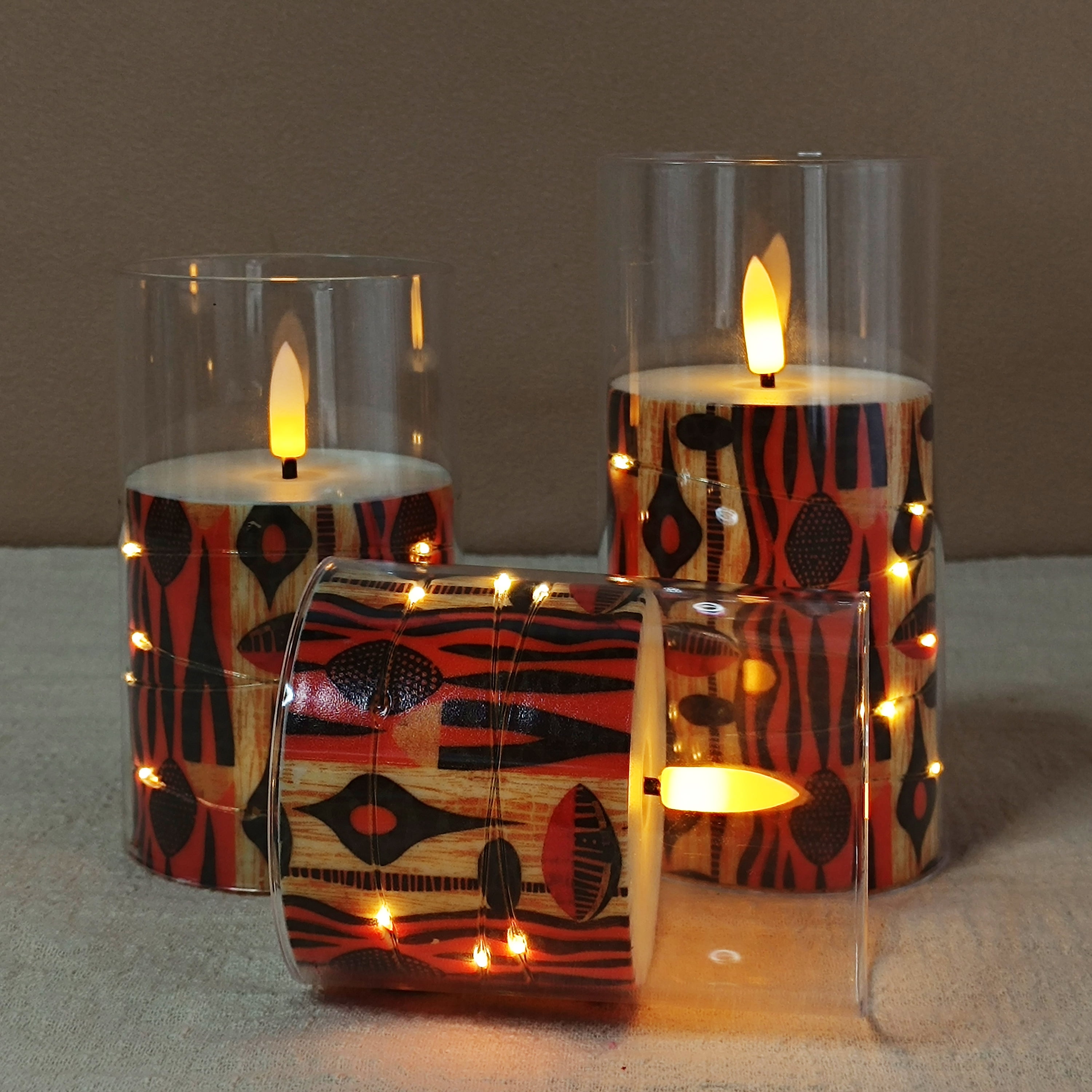 Flameless Candles with String Lights LED Candle Battery Operated Candles with Remote Control,Printed Pillar LED Candles for Wedding Holiday Party Table Home Decorations,Set of 3