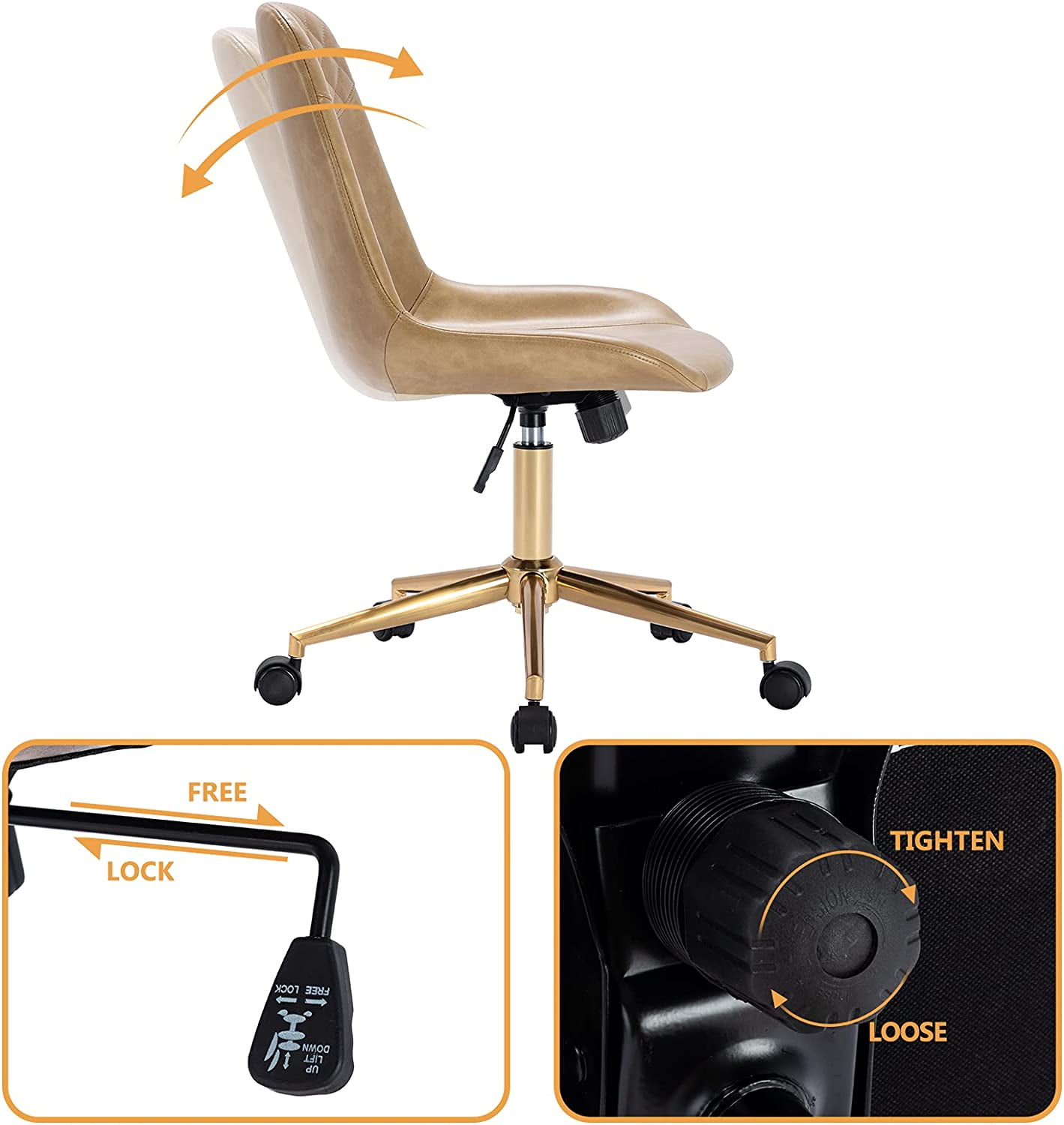 Duhome Office Desk Chair Faux Leather Swivel Computer Chair Task Chair Adjustable with Gold Base, Camel