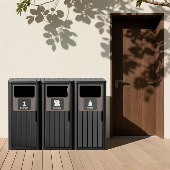 Outdoor Three Barrel Trash Can, Waterproof Resin Garbage Can Waste Bin for Patio, Garden,Porch, Backyard,Kitchen, Black