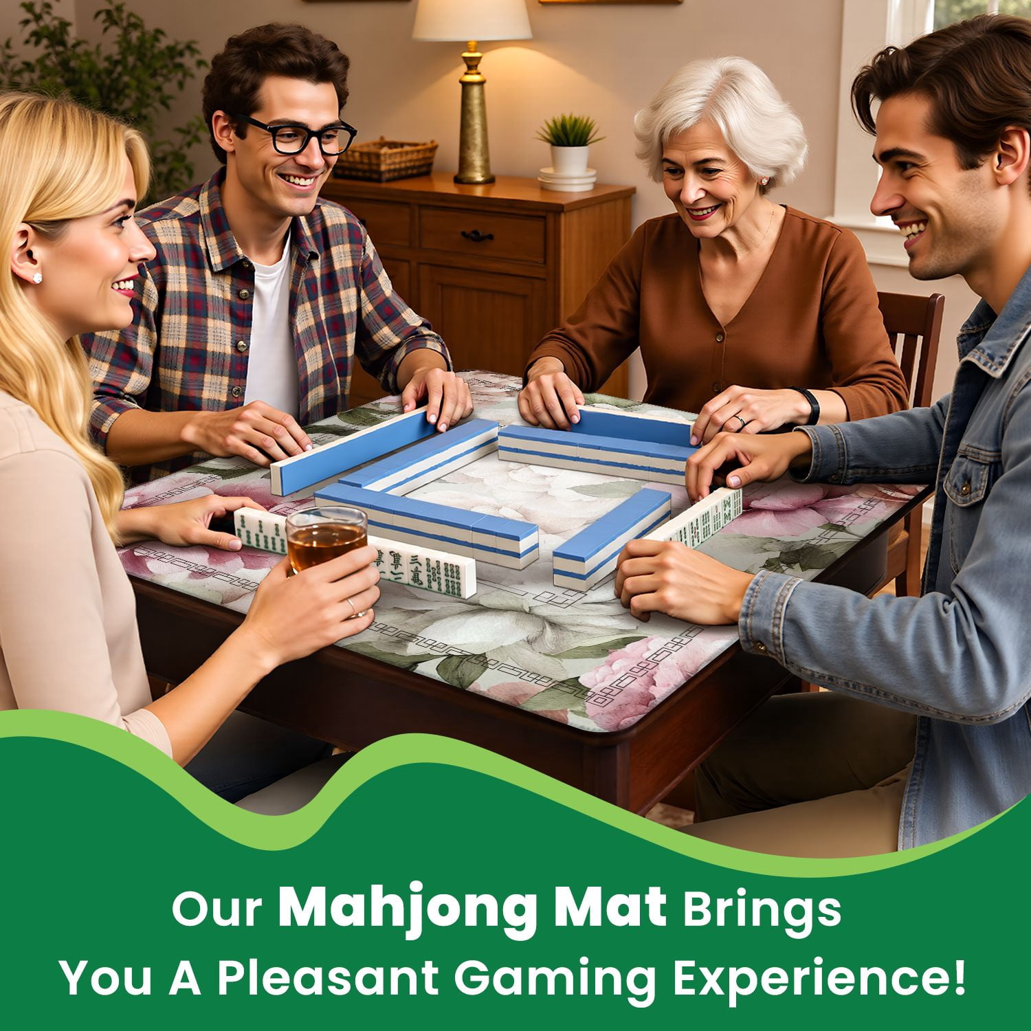 Mahjong Mat 31.5" x 31.5" Seamless floral peonies light watercolor Non-Slip Noise Reduction American Mahjong Tiles Table Cover for Dominoes Poker Card Board Games Gift